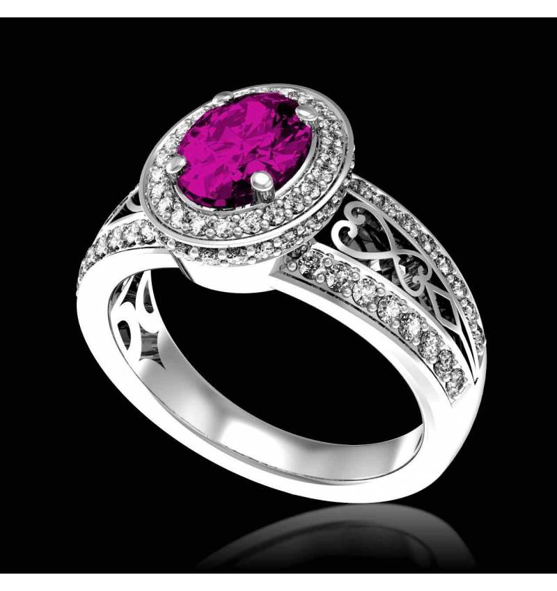 Bague de fiançailles saphir rose pavage diamant or blanc Tsarine Bague de fiançailles saphir rose pavage diamant or blanc Tsarine