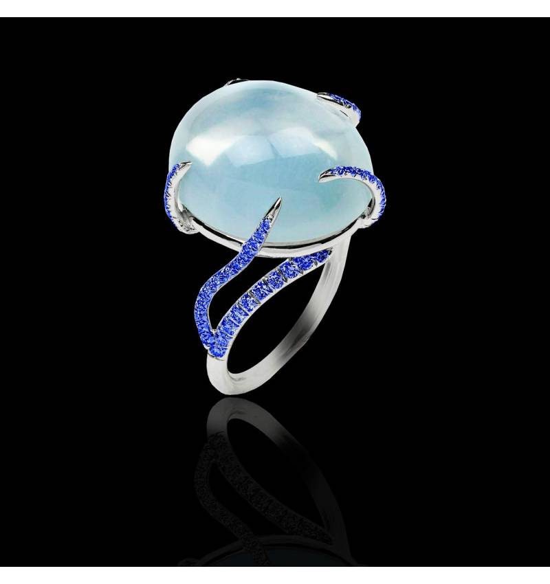 Bague de fiançailles saphir bleu 0,9 carat or blanc Pierre de Lune