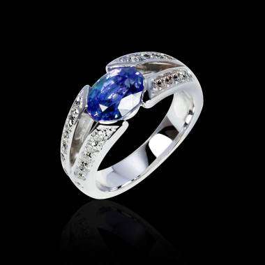 Bague de fiançailles saphir bleu pavage diamant or blanc Isabelle