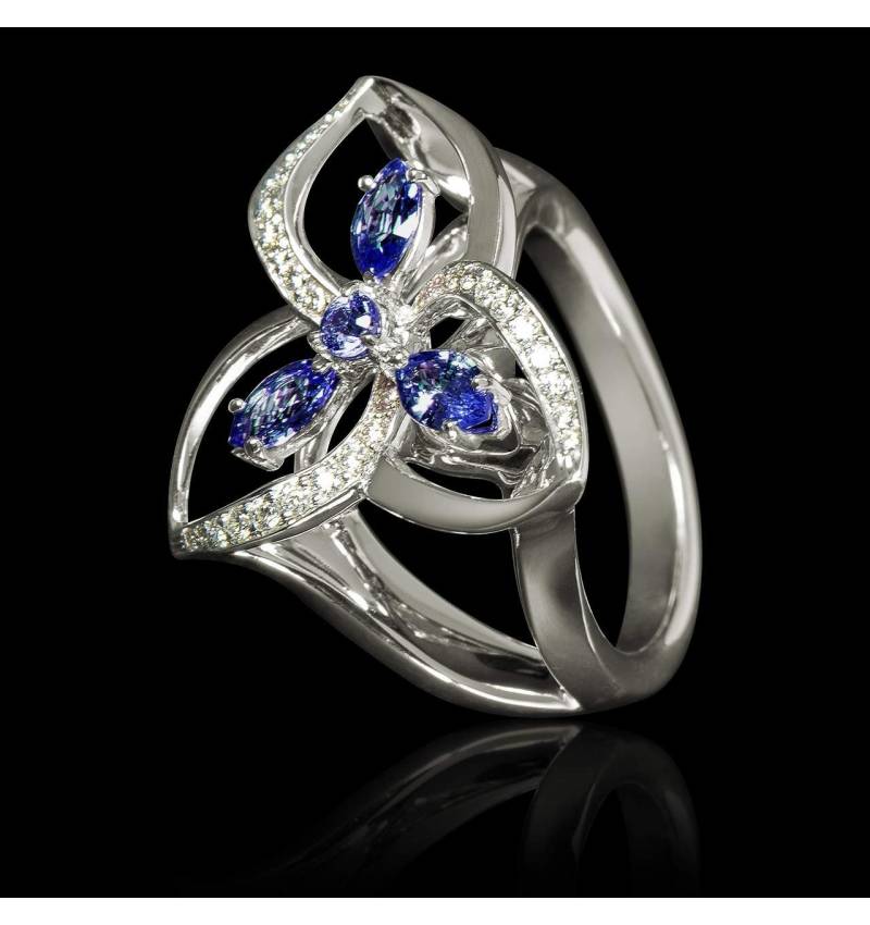 Bague de fiançailles saphir bleu pavage diamant or blanc Estelle