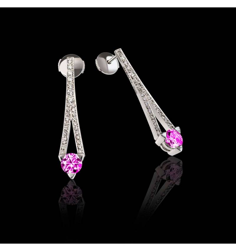 Boucles d’oreilles saphir rose pavage diamant or blanc Plena Luna