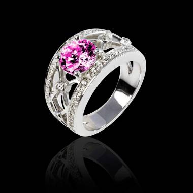 Bague de fiançailles saphir rose forme rond pavage diamant or blanc Régina Suprema 