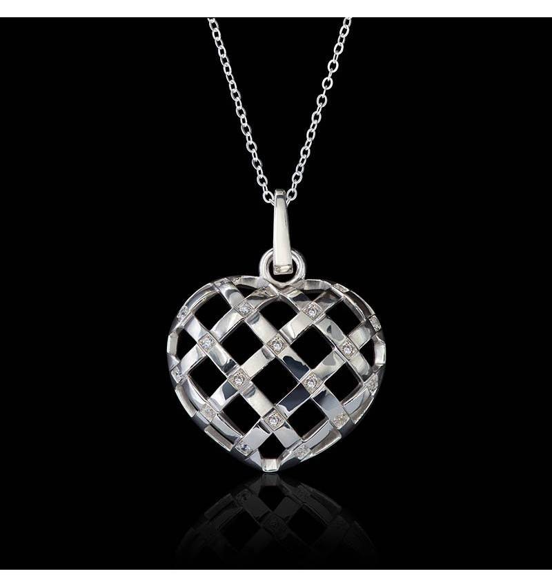 Pendentif diamant- or blanc 18K- Coeur Entrelacé